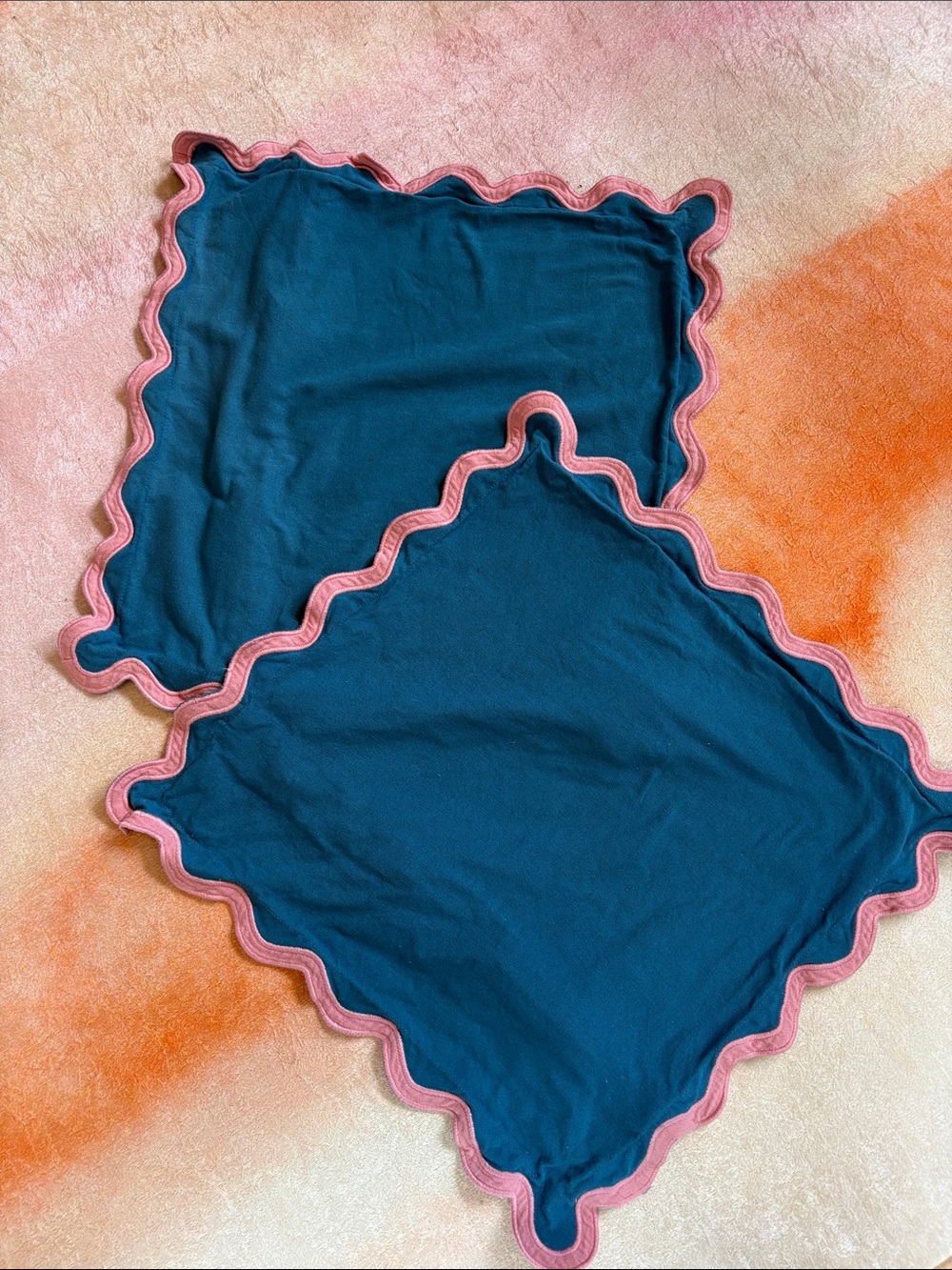 Scalloped Teal Throw Pillow Cover with Pink Trim